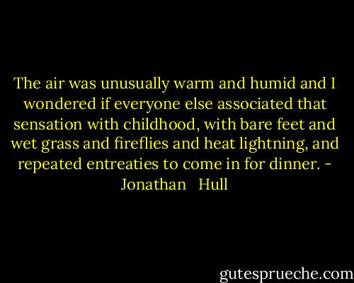 The air was unusually warm and humid and I wondered if everyone else associated that sensation with childhood, with bare feet and wet grass and fireflies and heat lightning, and repeated entreaties to come in for dinner. - Jonathan   Hull