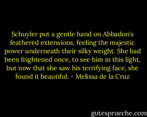 Schuyler put a gentle hand on Abbadon's feathered extensions, feeling the majestic power underneath their silky weight. She had been frightened once, to see him in this light, but now that she saw his terrifying face, she found it beautiful. - Melissa de la Cruz
