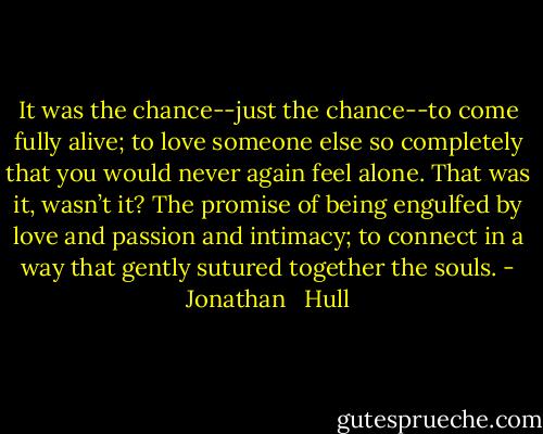 It was the chance--just the chance--to come fully alive; to love someone else so completely that you would never again feel alone. That was it, wasn’t it? The promise of being engulfed by love and passion and intimacy; to connect in a way that gently sutured together the souls. - Jonathan   Hull