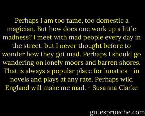 Perhaps I am too tame, too domestic a magician. But how does one work up a little madness? I meet with mad people every day in the street, but I never thought before to wonder how they got mad. Perhaps I should go wandering on lonely moors and barren shores. That is always a popular place for lunatics - in novels and plays at any rate. Perhaps wild England will make me mad. - Susanna Clarke