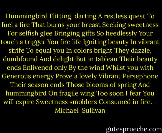 Hummingbird<br />Flitting, darting<br />A restless quest<br />To fuel a fire<br />That burns your breast<br />Seeking sweetness<br />For selfish glee<br />Bringing gifts<br />So heedlessly<br />Your touch a trigger<br />You fire life<br />Igniting beauty<br />In vibrant strife<br />To equal you<br />In colors bright<br />They dazzle, dumbfound<br />And delight<br />But in tableau<br />Their beauty ends<br />Enlivened only<br />By the wind<br />Whilst you with<br />Generous energy<br />Prove a lovely<br />Vibrant Persephone<br />Their season ends<br />Those blooms of spring<br />And hummingbird<br />On fragile wing<br />Too soon I fear<br />You will expire<br />Sweetness smolders<br />Consumed in fire. - Michael  Sullivan