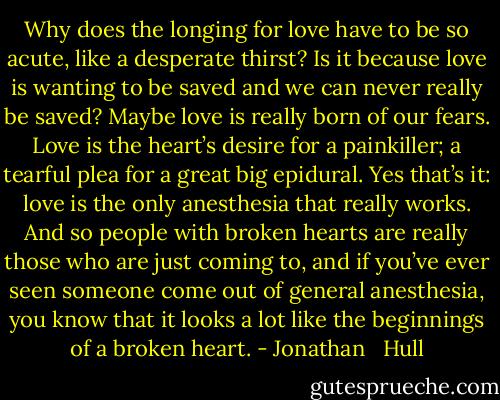 Why does the longing for love have to be so acute, like a desperate thirst? Is it because love is wanting to be saved and we can never really be saved? Maybe love is really born of our fears. Love is the heart’s desire for a painkiller; a tearful plea for a great big epidural. Yes that’s it: love is the only anesthesia that really works. And so people with broken hearts are really those who are just coming to, and if you’ve ever seen someone come out of general anesthesia, you know that it looks a lot like the beginnings of a broken heart. - Jonathan   Hull