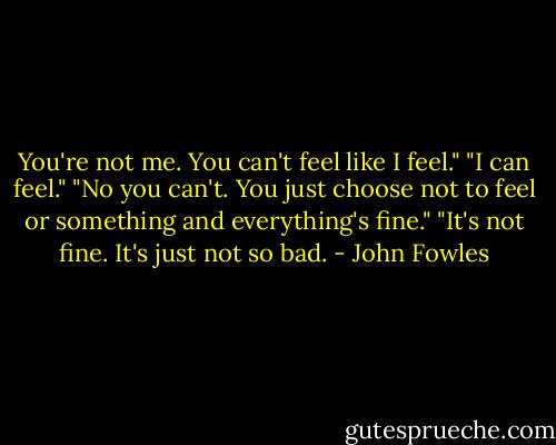 You're not me. You can't feel like I feel."<br />"I can feel."<br />"No you can't. You just choose not to feel or something and everything's fine."<br />"It's not fine. It's just not so bad. - John Fowles
