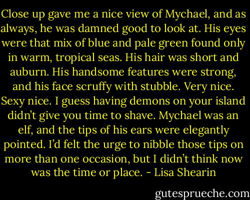 Close up gave me a nice view of Mychael, and as always, he was damned good to look at. His eyes were that mix of blue and pale green found only in warm, tropical seas. His hair was short and auburn. His handsome features were strong, and his face scruffy with stubble. Very nice. Sexy nice. I guess having demons on your island didn’t give you time to shave. Mychael was an elf, and the tips of his ears were elegantly pointed. I’d felt the urge to nibble those tips on more than one occasion, but I didn’t think now was the time or place. - Lisa Shearin