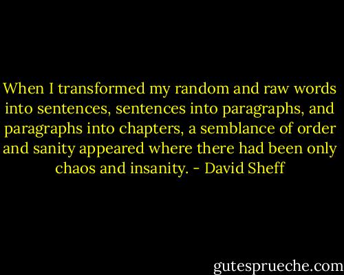 When I transformed my random and raw words into sentences, sentences into paragraphs, and paragraphs into chapters, a semblance of order and sanity appeared where there had been only chaos and insanity. - David Sheff