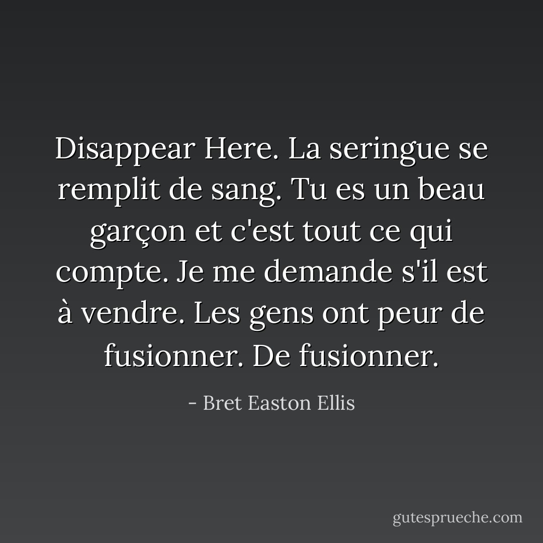 Disappear Here.<br />La seringue se remplit de sang.<br />Tu es un beau garçon et c'est tout ce qui compte.<br />Je me demande s'il est à vendre.<br />Les gens ont peur de fusionner. De fusionner. - Bret Easton Ellis