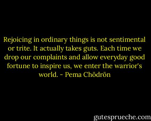 Rejoicing in ordinary things is not sentimental or trite. It actually takes guts. Each time we drop our complaints and allow everyday good fortune to inspire us, we enter the warrior's world. - Pema Chödrön