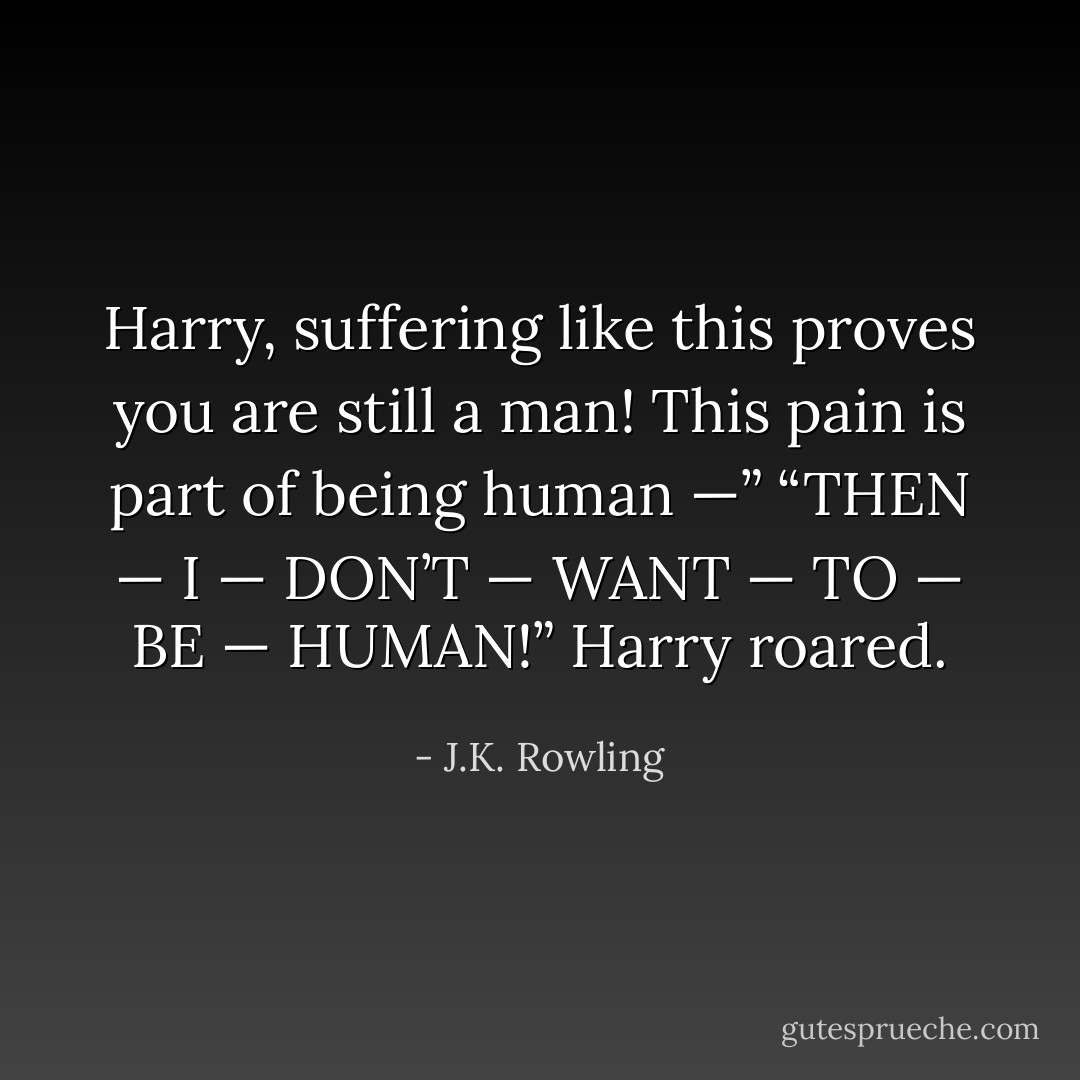 Harry, suffering like this proves you are still a man! This pain is part of being human —”<br />“THEN — I — DON’T — WANT — TO — BE — HUMAN!” Harry roared. - J.K. Rowling