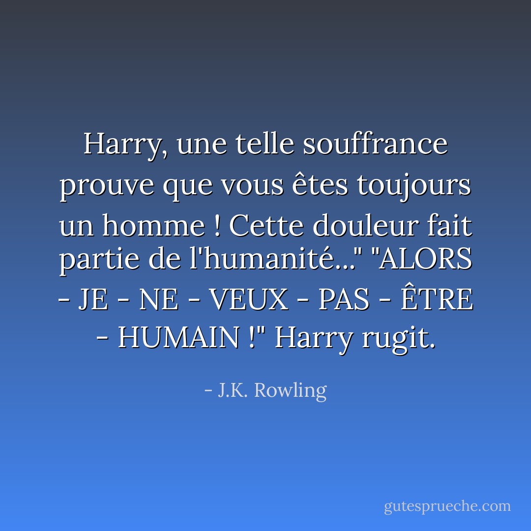 Harry, une telle souffrance prouve que vous êtes toujours un homme ! Cette douleur fait partie de l'humanité..."<br />"ALORS - JE - NE - VEUX - PAS - ÊTRE - HUMAIN !" Harry rugit. - J.K. Rowling