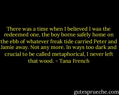 There was a time when I believed I was the redeemed one, the boy borne safely home on the ebb of whatever freak tide carried Peter and Jamie away. Not any more. In ways too dark and crucial to be called metaphorical, I never left that wood. - Tana French