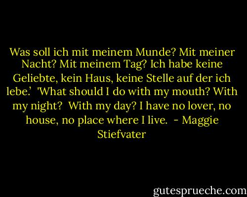 Was soll ich mit meinem Munde? Mit meiner Nacht?<br />Mit meinem Tag? Ich habe keine Geliebte, kein Haus, keine Stelle auf der ich lebe.’<br /><br />'What should I do with my mouth? With my night?<br /> With my day? I have no lover, no house, no place where I live.  - Maggie Stiefvater