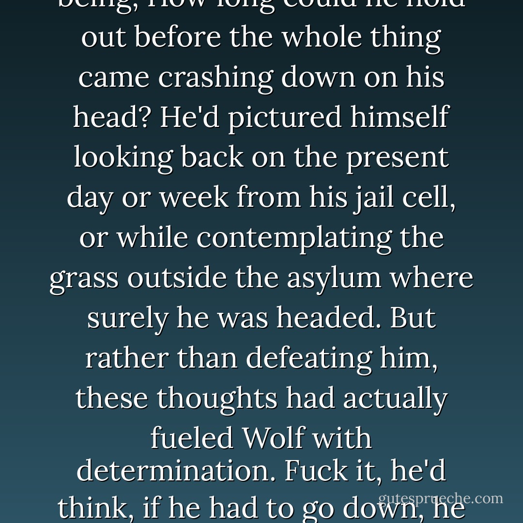 For years, he said, his life had felt to him like a kind of experiment. The question being, How long could he hold out before the whole thing came crashing down on his head? He'd pictured himself looking back on the present day or week from his jail cell, or while contemplating the grass outside the asylum where surely he was headed. But rather than defeating him, these thoughts had actually fueled Wolf with determination. Fuck it, he'd think, if he had to go down, he sure as hell wasn't going without a fight. - Jennifer Egan