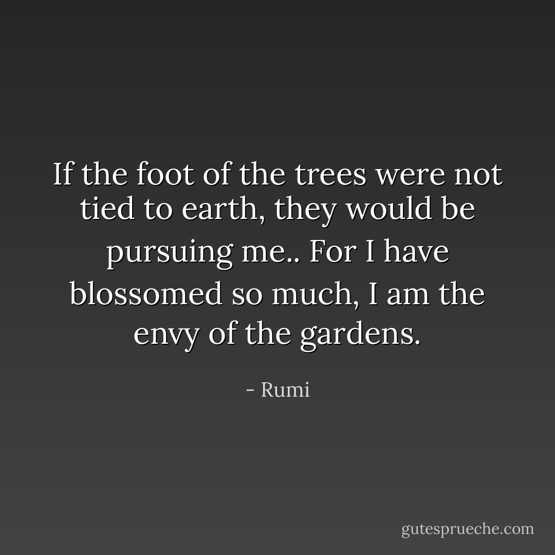 If the foot of the trees were not tied to earth, they would be pursuing me.. For I have blossomed so much, I am the envy of the gardens. - Rumi