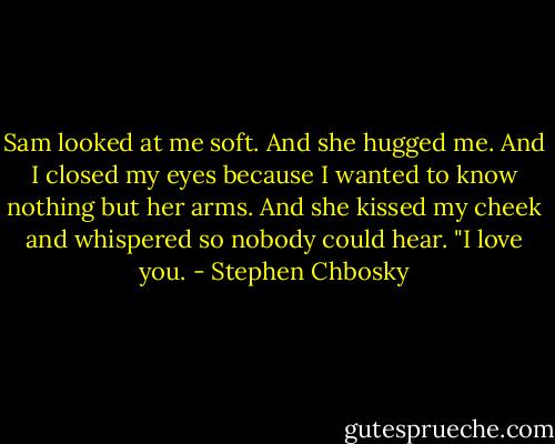 Sam looked at me soft. And she hugged me. And I closed my eyes because I wanted to know nothing but her arms. And she kissed my cheek and whispered so nobody could hear.<br />"I love you. - Stephen Chbosky