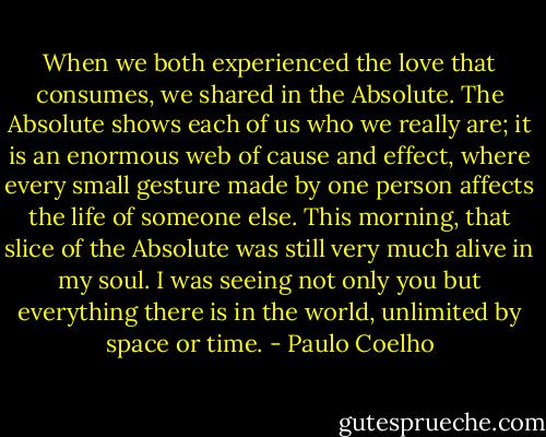 When we both experienced the love that consumes, we shared in the Absolute. The Absolute shows each of us who we really are; it is an enormous web of cause and effect, where every small gesture made by one person affects the life of someone else. This morning, that slice of the Absolute was still very much alive in my soul. I was seeing not only you but everything there is in the world, unlimited by space or time. - Paulo Coelho