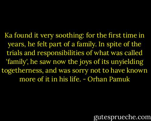 Ka found it very soothing: for the first time in years, he felt part of a family. In spite of the trials and responsibilities of what was called 'family', he saw now the joys of its unyielding togetherness, and was sorry not to have known more of it in his life. - Orhan Pamuk