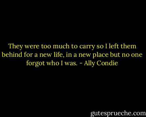 They were too much to carry<br />so I left them behind<br />for a new life, in a new place<br />but no one forgot who I was. - Ally Condie