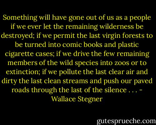 Something will have gone out of us as a people if we ever let the remaining wilderness be destroyed; if we permit the last virgin forests to be turned into comic books and plastic cigarette cases; if we drive the few remaining members of the wild species into zoos or to extinction; if we pollute the last clear air and dirty the last clean streams and push our paved roads through the last of the silence . . . - Wallace Stegner