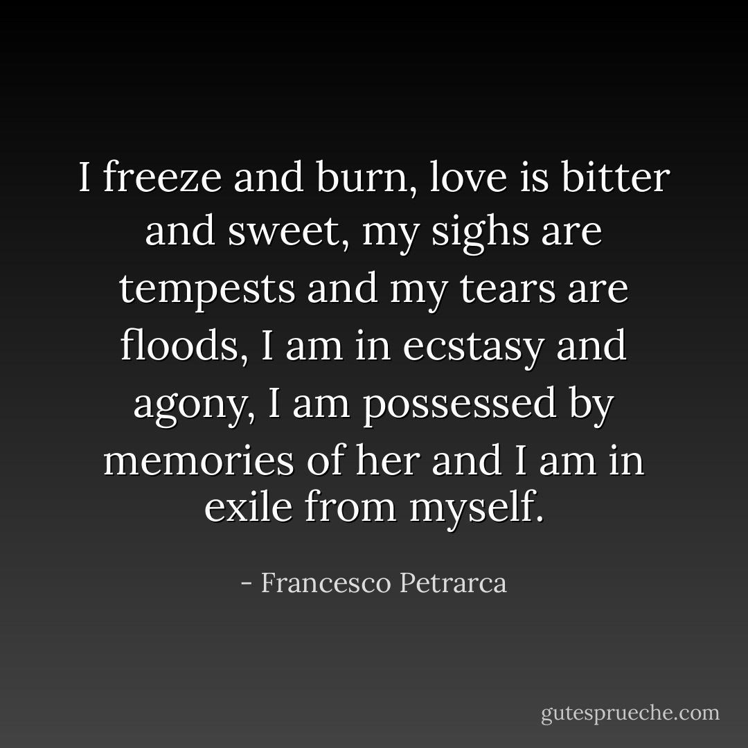 I freeze and burn, love is bitter and sweet, my sighs are tempests and my tears are floods, I am in ecstasy and agony, I am possessed by memories of her and I am in exile from myself. - Francesco Petrarca