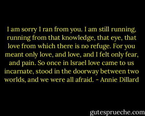 I am sorry I ran from you. I am still running, running from that knowledge, that eye, that love from which there is no refuge. For you meant only love, and love, and I felt only fear, and pain. So once in Israel love came to us incarnate, stood in the doorway between two worlds, and we were all afraid. - Annie Dillard
