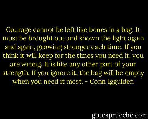 Courage cannot be left like bones in a bag. It must be brought out and shown the light again and again, growing stronger each time. If you think it will keep for the times you need it, you are wrong. It is like any other part of your strength. If you ignore it, the bag will be empty when you need it most. - Conn Iggulden