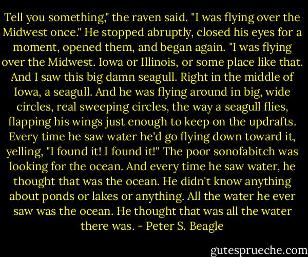 Tell you something," the raven said. "I was flying over the Midwest once." He stopped abruptly, closed his eyes for a moment, opened them, and began again. "I was flying over the Midwest. Iowa or Illinois, or some place like that. And I saw this big damn seagull. Right in the middle of Iowa, a seagull. And he was flying around in big, wide circles, real sweeping circles, the way a seagull flies, flapping his wings just enough to keep on the updrafts. Every time he saw water he'd go flying down toward it, yelling, "I found it! I found it!" The poor sonofabitch was looking for the ocean. And every time he saw water, he thought that was the ocean. He didn't know anything about ponds or lakes or anything. All the water he ever saw was the ocean. He thought that was all the water there was. - Peter S. Beagle