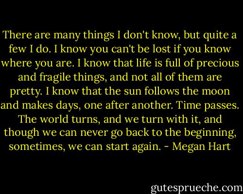 There are many things I don't know, but quite a few I do. I know you can't be lost if you know where you are. I know that life is full of precious and fragile things, and not all of them are pretty. I know that the sun follows the moon and makes days, one after another. Time passes. The world turns, and we turn with it, and though we can never go back to the beginning, sometimes, we can start again. - Megan Hart