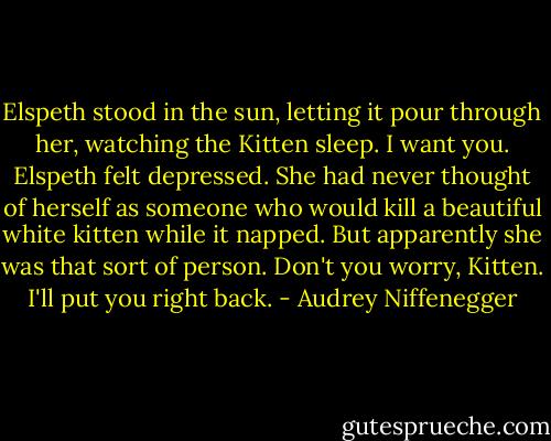 Elspeth stood in the sun, letting it pour through her, watching the Kitten sleep. I want you. Elspeth felt depressed. She had never thought of herself as someone who would kill a beautiful white kitten while it napped. But apparently she was that sort of person. Don't you worry, Kitten. I'll put you right back. - Audrey Niffenegger
