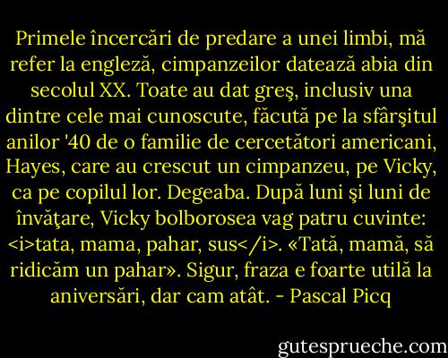 Primele încercări de predare a unei limbi, mă refer la engleză, cimpanzeilor datează abia din secolul XX. Toate au dat greş, inclusiv una dintre cele mai cunoscute, făcută pe la sfârşitul anilor '40 de o familie de cercetători americani, Hayes, care au crescut un cimpanzeu, pe Vicky, ca pe copilul lor. Degeaba. După luni şi luni de învăţare, Vicky bolborosea vag patru cuvinte: <i>tata, mama, pahar, sus</i>. «Tată, mamă, să ridicăm un pahar». Sigur, fraza e foarte utilă la aniversări, dar cam atât. - Pascal Picq