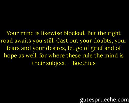 Your mind is likewise blocked. But the right road awaits you still. Cast out your doubts, your fears and your desires, let go of grief and of hope as well, for where these rule the mind is their subject. - Boethius