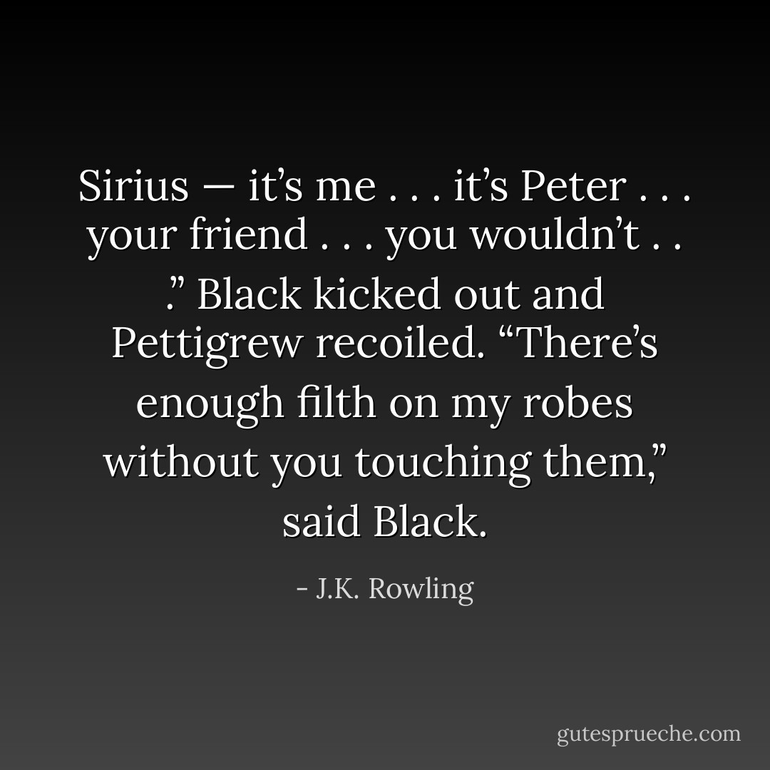 Sirius — it’s me . . . it’s Peter . . . your friend . . . you wouldn’t . . .”<br />Black kicked out and Pettigrew recoiled.<br />“There’s enough filth on my robes without you touching them,” said Black. - J.K. Rowling