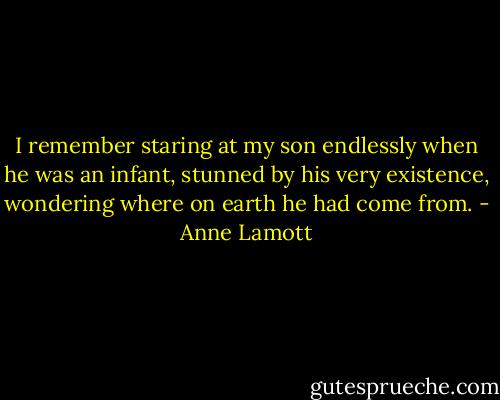 I remember staring at my son endlessly when he was an infant, stunned by his very existence, wondering where on earth he had come from. - Anne Lamott