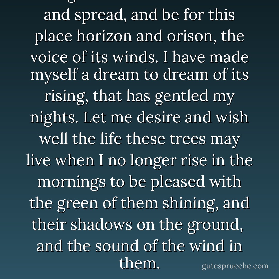 As I age in the world it will rise and spread,<br />and be for this place horizon<br />and orison, the voice of its winds.<br />I have made myself a dream to dream<br />of its rising, that has gentled my nights.<br />Let me desire and wish well the life<br />these trees may live when I<br />no longer rise in the mornings<br />to be pleased with the green of them<br />shining, and their shadows on the ground, <br />and the sound of the wind in them. - Wendell Berry