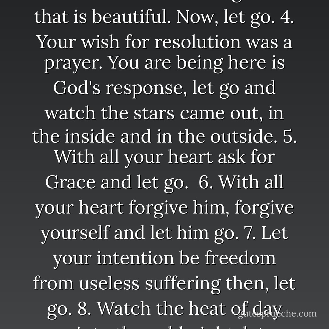 Instructions for freedom":<br />1. Life's metaphors are God's instructions.<br />2. You have just climbed up and above the roof, there is nothing between you and the Infinite; now, let go.<br />3. The day is ending, it's time for something that was beautiful to turn into something else that is beautiful. Now, let go.<br />4. Your wish for resolution was a prayer. You are being here is God's response, let go and watch the stars came out, in the inside and in the outside.<br />5. With all your heart ask for Grace and let go. <br />6. With all your heart forgive him, forgive yourself and let him go.<br />7. Let your intention be freedom from useless suffering then, let go.<br />8. Watch the heat of day pass into the cold night, let go.<br />9. When the Karma of a relationship is done, only Love remains. It's safe, let go.<br />10. When the past has past from you at last, let go.. then, climb down and begin the rest of your life with great joy. - Elizabeth Gilbert