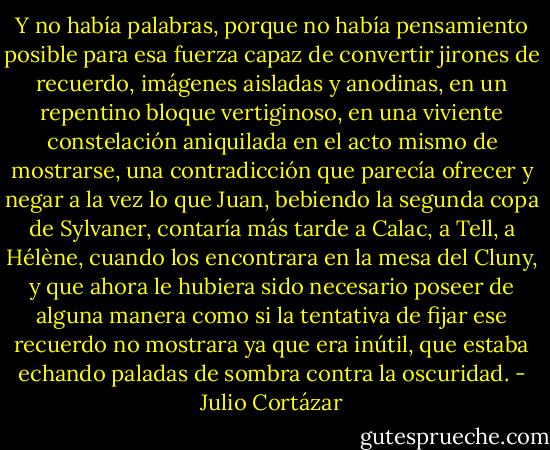Y no había palabras, porque no había pensamiento posible para esa fuerza capaz de convertir jirones de recuerdo, imágenes aisladas y anodinas, en un repentino bloque vertiginoso, en una viviente constelación aniquilada en el acto mismo de mostrarse, una contradicción que parecía ofrecer y negar a la vez lo que Juan, bebiendo la segunda copa de Sylvaner, contaría más tarde a Calac, a Tell, a Hélène, cuando los encontrara en la mesa del Cluny, y que ahora le hubiera sido necesario poseer de alguna manera como si la tentativa de fijar ese recuerdo no mostrara ya que era inútil, que estaba echando paladas de sombra contra la oscuridad. - Julio Cortázar