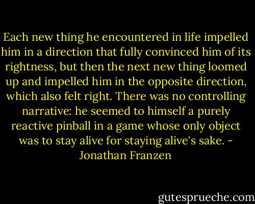 Each new thing he encountered in life impelled him in a direction that fully convinced him of its rightness, but then the next new thing loomed up and impelled him in the opposite direction, which also felt right. There was no controlling narrative: he seemed to himself a purely reactive pinball in a game whose only object was to stay alive for staying alive's sake. - Jonathan Franzen