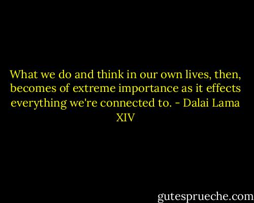 What we do and think in our own lives, then, becomes of extreme importance as it effects everything we're connected to. - Dalai Lama XIV