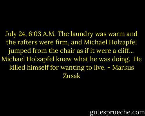 July 24, 6:03 A.M.<br />The laundry was warm and the rafters were firm, and Michael Holzapfel jumped from the chair as if it were a cliff...<br />Michael Holzapfel knew what he was doing. <br />He killed himself for wanting to live. - Markus Zusak
