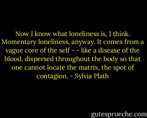 Now I know what loneliness is, I think. Momentary loneliness, anyway. It comes from a vague core of the self - - like a disease of the blood, dispersed throughout the body so that one cannot locate the matrix, the spot of contagion. - Sylvia Plath