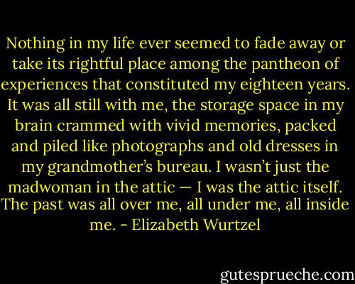 Nothing in my life ever seemed to fade away or take its rightful place among the pantheon of experiences that constituted my eighteen years. It was all still with me, the storage space in my brain crammed with vivid memories, packed and piled like photographs and old dresses in my grandmother’s bureau. I wasn’t just the madwoman in the attic — I was the attic itself. The past was all over me, all under me, all inside me. - Elizabeth Wurtzel