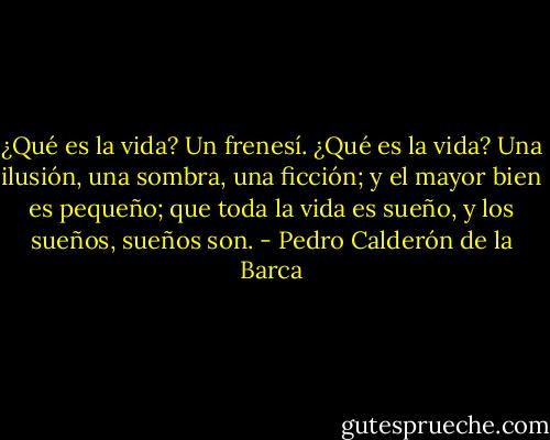 ¿Qué es la vida? Un frenesí. ¿Qué es la vida? Una ilusión, una sombra, una ficción; y el mayor bien es pequeño; que toda la vida es sueño, y los sueños, sueños son. - Pedro Calderón de la Barca