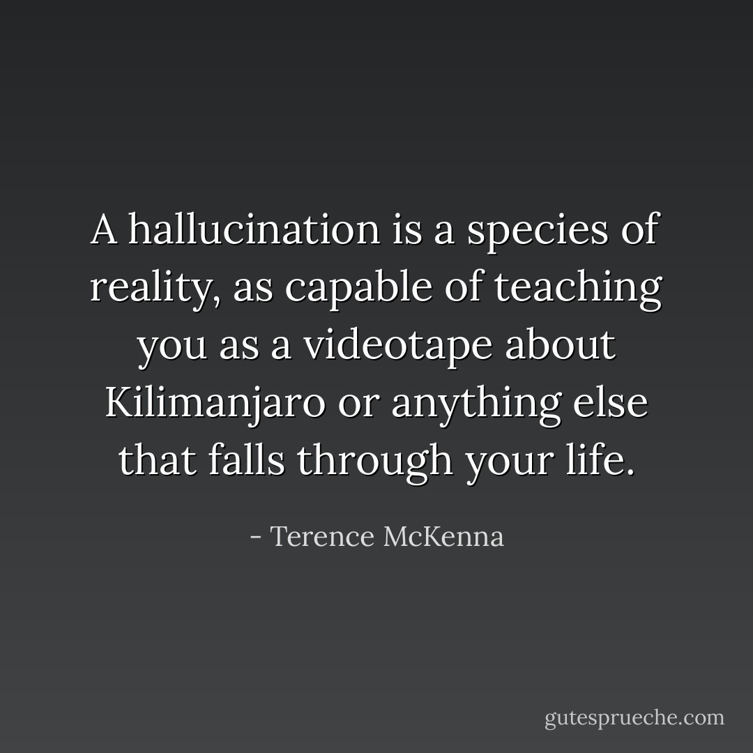 A hallucination is a species of reality, as capable of teaching you as a videotape about Kilimanjaro or anything else that falls through your life. - Terence McKenna