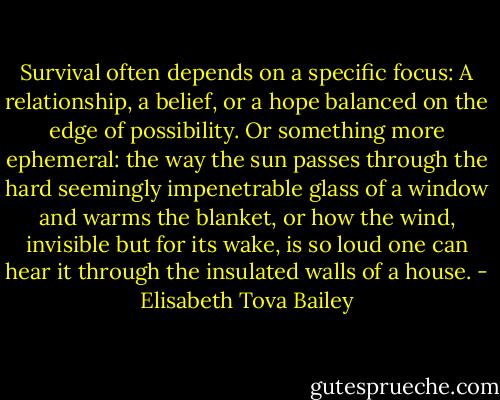 Survival often depends on a specific focus: A relationship, a belief, or a hope balanced on the edge of possibility. Or something more ephemeral: the way the sun passes through the hard seemingly impenetrable glass of a window and warms the blanket, or how the wind, invisible but for its wake, is so loud one can hear it through the insulated walls of a house. - Elisabeth Tova Bailey