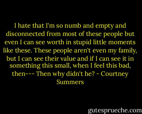 I hate that I'm so numb and empty and disconnected from most of these people but even I can see worth in stupid little moments like these. These people aren't even my family, but I can see their value and if I can see it in something this small, when I feel this bad, then---<br />Then why didn't he? - Courtney Summers