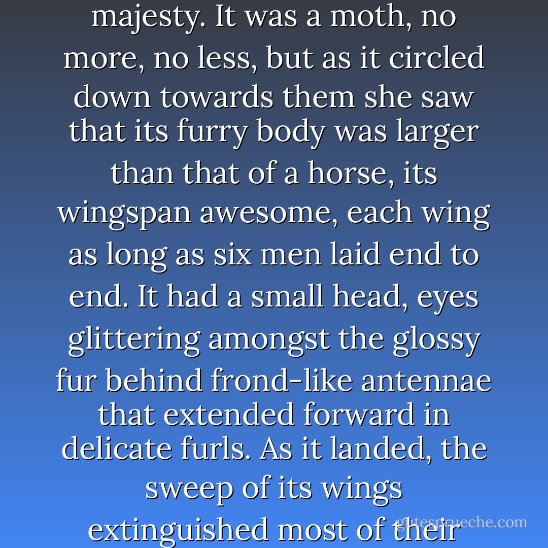And then it dropped lower, and her eyes caught it in all its pale majesty. It was a moth, no more, no less, but as it circled down towards them she saw that its furry body was larger than that of a horse, its wingspan awesome, each wing as long as six men laid end to end. It had a small head, eyes glittering amongst the glossy fur behind frond-like antennae that extended forward in delicate furls. As it landed, the sweep of its wings extinguished most of their little fires. - Adrian Tchaikovsky