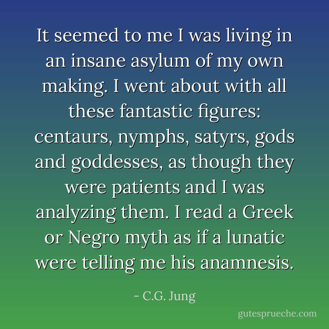 It seemed to me I was living in an insane asylum of my own making. I went about with all these fantastic figures: centaurs, nymphs, satyrs, gods and goddesses, as though they were patients and I was analyzing them. I read a Greek or Negro myth as if a lunatic were telling me his anamnesis. - C.G. Jung