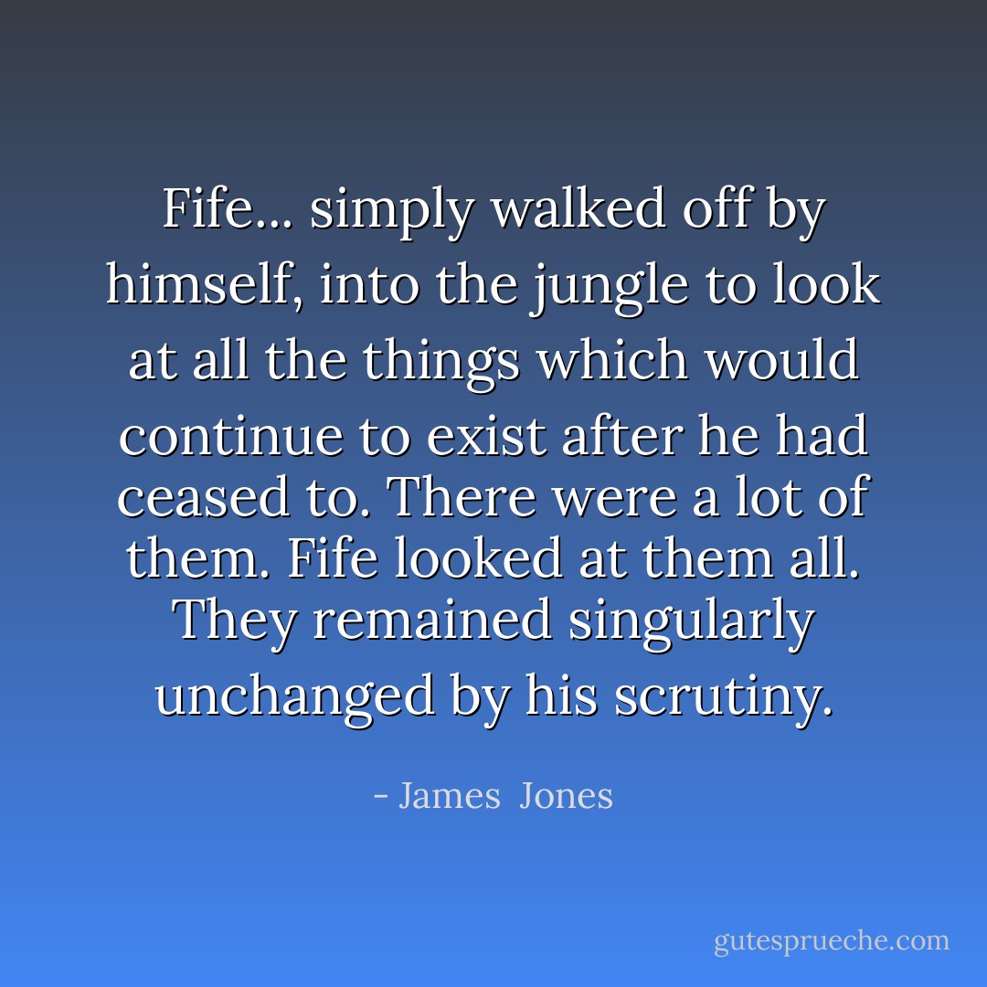 Fife... simply walked off by himself, into the jungle to look at all the things which would continue to exist after he had ceased to. There were a lot of them. Fife looked at them all. They remained singularly unchanged by his scrutiny. - James  Jones
