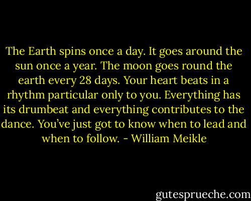 The Earth spins once a day. It goes around the sun once a year. The moon goes round the earth every 28 days. Your heart beats in a rhythm particular only to you. Everything has its drumbeat and everything contributes to the dance. You’ve just got to know when to lead and when to follow. - William Meikle