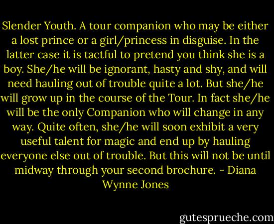 Slender Youth. A tour companion who may be either a lost prince or a girl/princess in disguise. In the latter case it is tactful to pretend you think she is a boy. She/he will be ignorant, hasty and shy, and will need hauling out of trouble quite a lot. But she/he will grow up in the course of the Tour. In fact she/he will be the only Companion who will change in any way. Quite often, she/he will soon exhibit a very useful talent for magic and end up by hauling everyone else out of trouble. But this will not be until midway through your second brochure. - Diana Wynne Jones