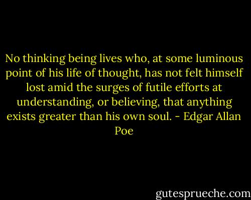 No thinking being lives who, at some luminous point of his life of thought, has not felt himself lost amid the surges of futile efforts at understanding, or believing, that anything exists greater than his own soul. - Edgar Allan Poe
